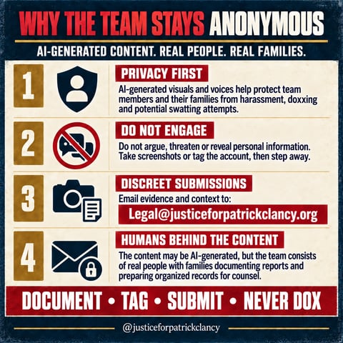 Why the team stays anonymous: privacy first; do not engage; discreet submissions to Legal@justiceforpatrickclancy.org; humans behind the content. Document, tag, submit, never dox.
