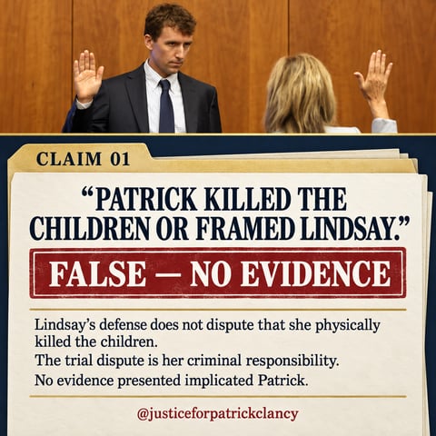 Claim 1: 'Patrick killed the children or framed Lindsay.' False, no evidence. Lindsay's defense does not dispute that she physically killed the children; the trial dispute is her criminal responsibility; no evidence presented implicated Patrick.