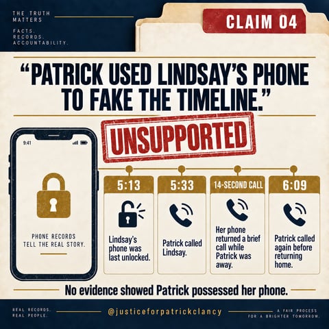Claim 4: 'Patrick used Lindsay's phone to fake the timeline.' Unsupported. 5:13 Lindsay's phone was last unlocked; 5:33 Patrick called Lindsay; her phone returned a 14-second call while Patrick was away; 6:09 Patrick called again before returning home. No evidence showed Patrick possessed her phone.