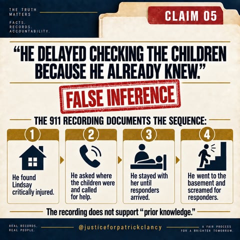 Claim 5: 'He delayed checking the children because he already knew.' False inference. The 911 recording and his testimony document the sequence: he found Lindsay critically injured and called for help, asked where the children were, stayed with her until responders arrived, then went to the basement and screamed for responders. Neither supports prior knowledge.