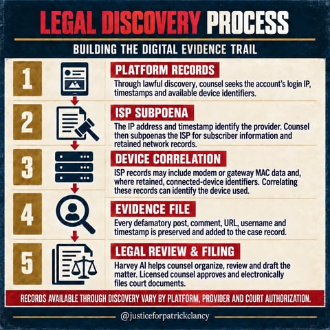 Legal discovery process: building the digital evidence trail. platform records, ISP subpoena, device correlation, evidence file, legal review and filing. Records available through discovery vary by platform, provider and court authorization.