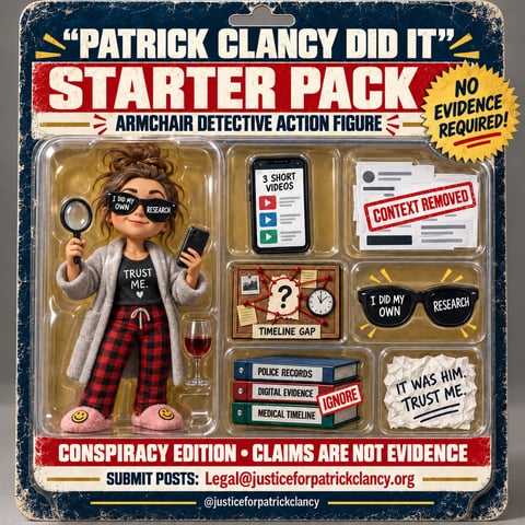Satirical graphic: '"Patrick Clancy did it" starter pack: armchair detective action figure, no evidence required.' Conspiracy edition: claims are not evidence. Submit posts to Legal@justiceforpatrickclancy.org.