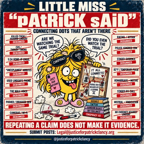 Satirical graphic: Little Miss 'Patrick Said': connecting dots that aren't there. Sixteen recurring claims each marked debunked. Repeating a claim does not make it evidence. Submit posts to Legal@justiceforpatrickclancy.org.